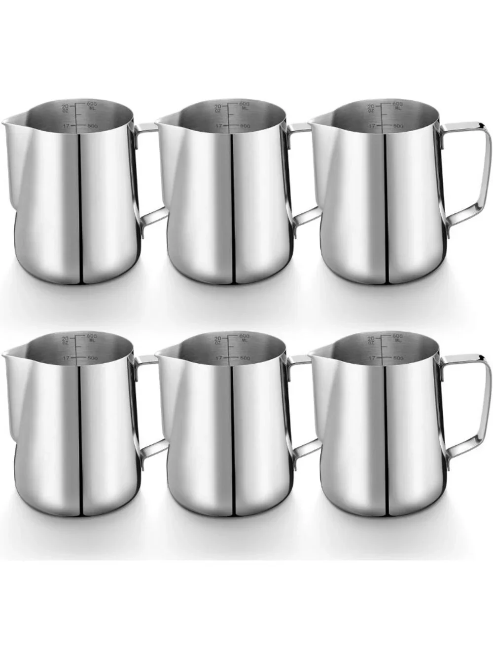 6 Pcs Stainless Steel Milk Frothing Pitchers - 20 oz Coffee Bar Tools, Silver